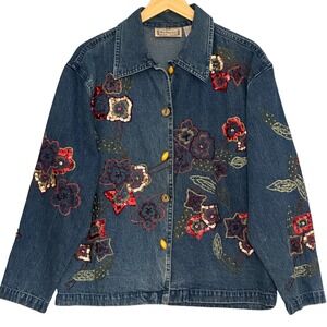 VTG ND Womens Jacket XL Denim Floral Applique Sequins Boho Chic Country Casual